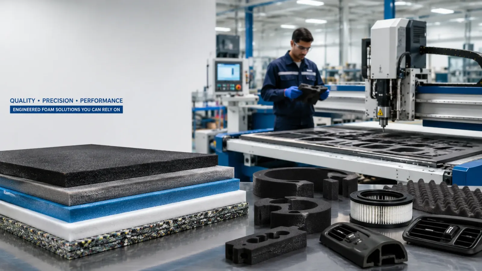 Precision foam and rubber component manufacturing facility with die-cut foam parts, lamination and quality inspection for automotive and industrial applications.